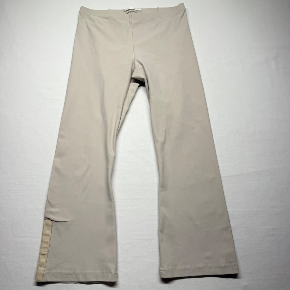 Elaine Kim Leather Trim Crop Pants Beige Pull On Stretch Wide Leg USA Women's